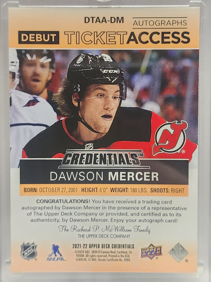 Dawson Merceir 2021 Upper Deck Credentials Debut Ticket Access Auto #3/25