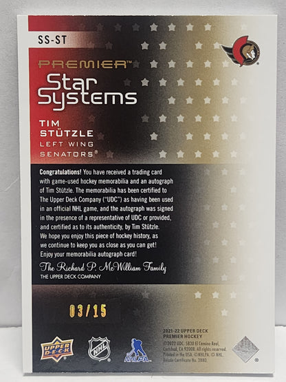 Tim Stutzle 2021 Upper Deck Premier Star Systems Patch Auto #3/15