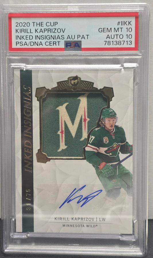 Kirill Kaprizov 2020 Upper Deck The Cup Inked Insignias Patch Auto #31/75 PSA 10 Auto 10