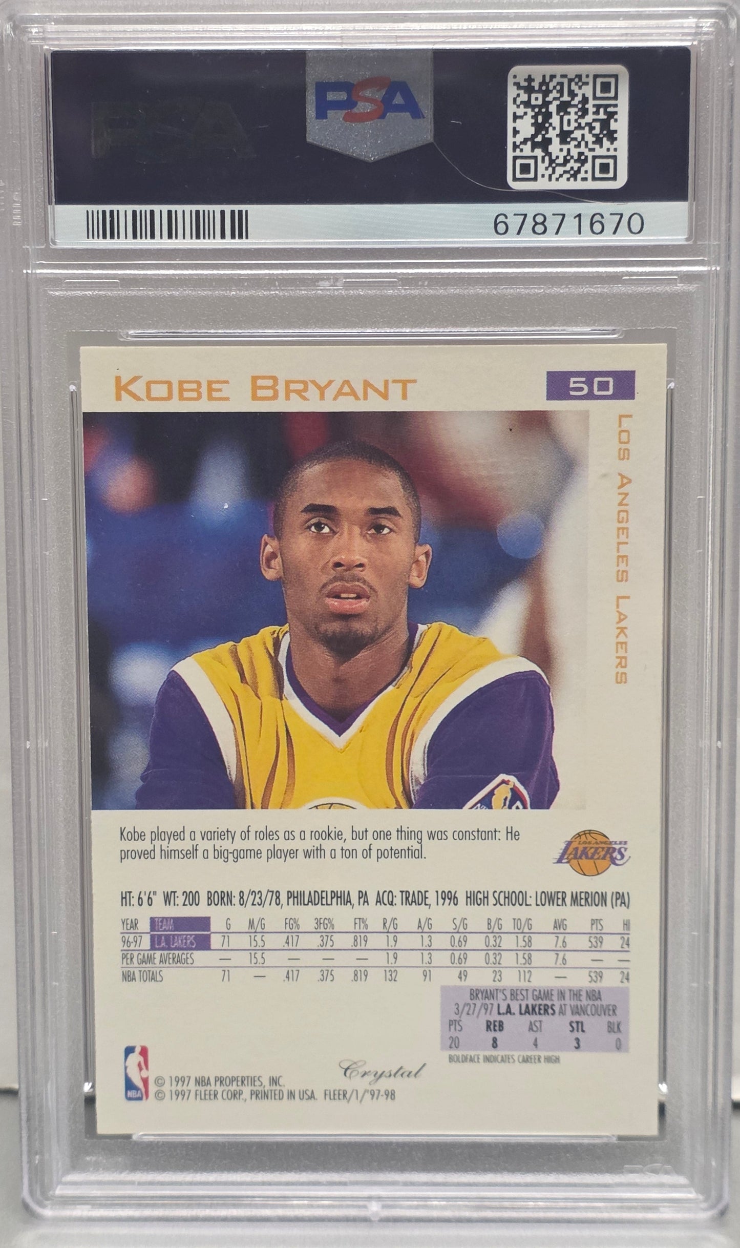 Kobe Bryant 1997 Fleer #50 Crystal PSA 9 Mint