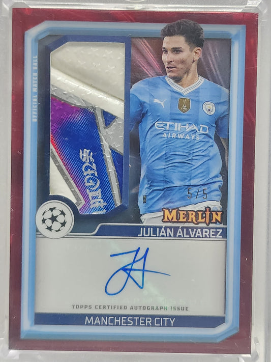 Julian Alvarez 2023 Topps Merlin Red Refractor Match Ball Auto #5/5