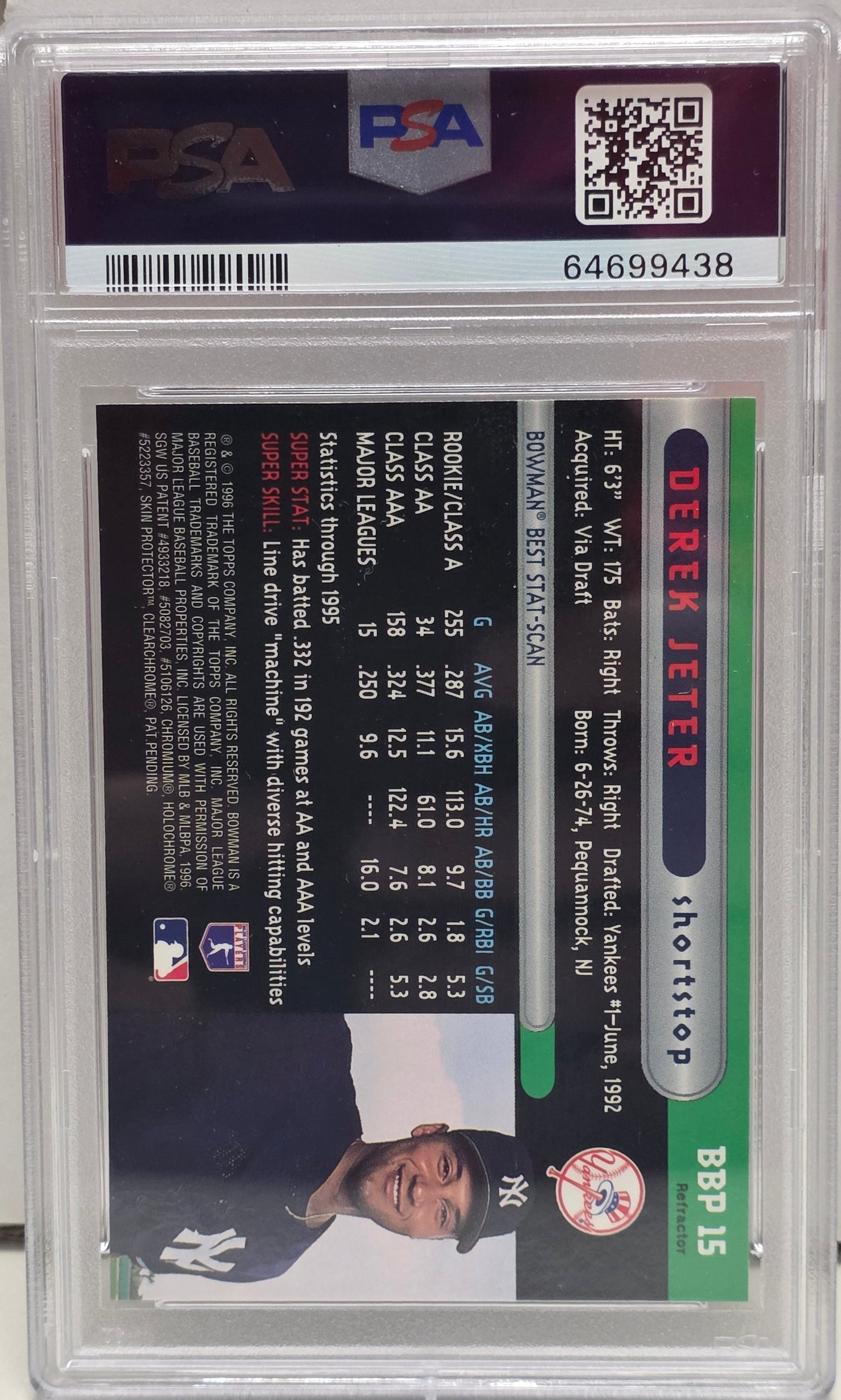 Derek Jeter 1996 Bowmans Best Preview #BBP15 Refractor PSA 9 Mint