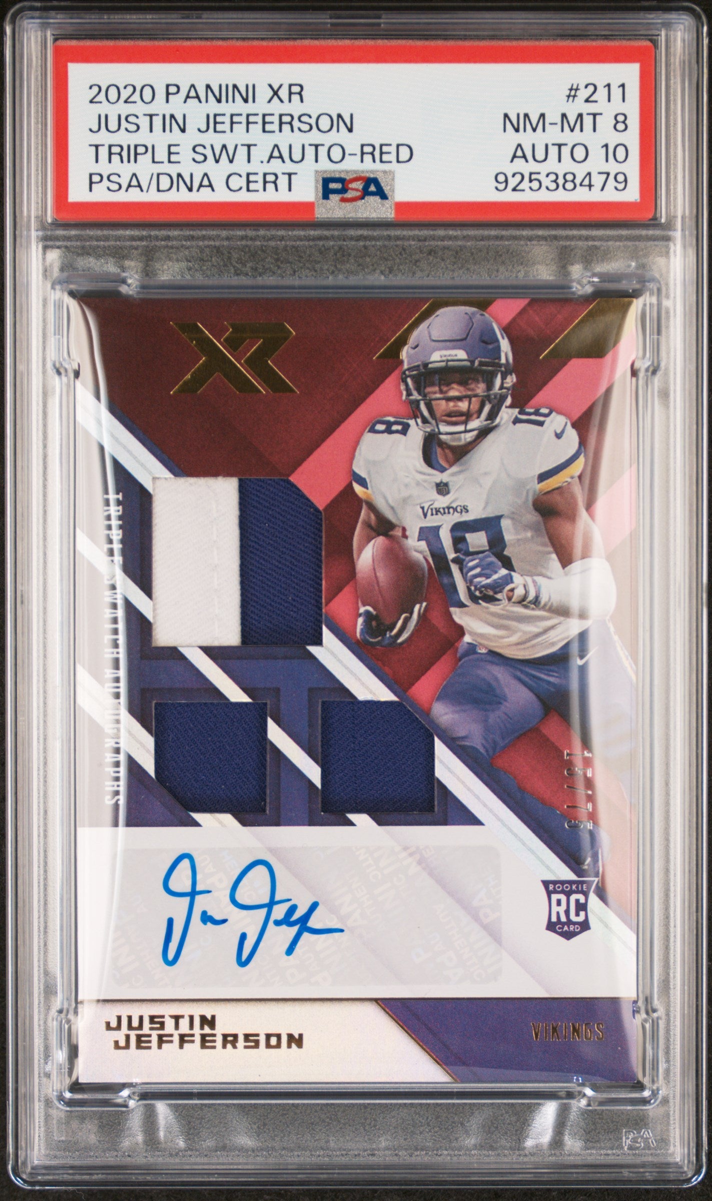 Justin Jefferson 2020 Panini XR Triple Jersey Auto Red #17/75 PSA 8 Auto 10