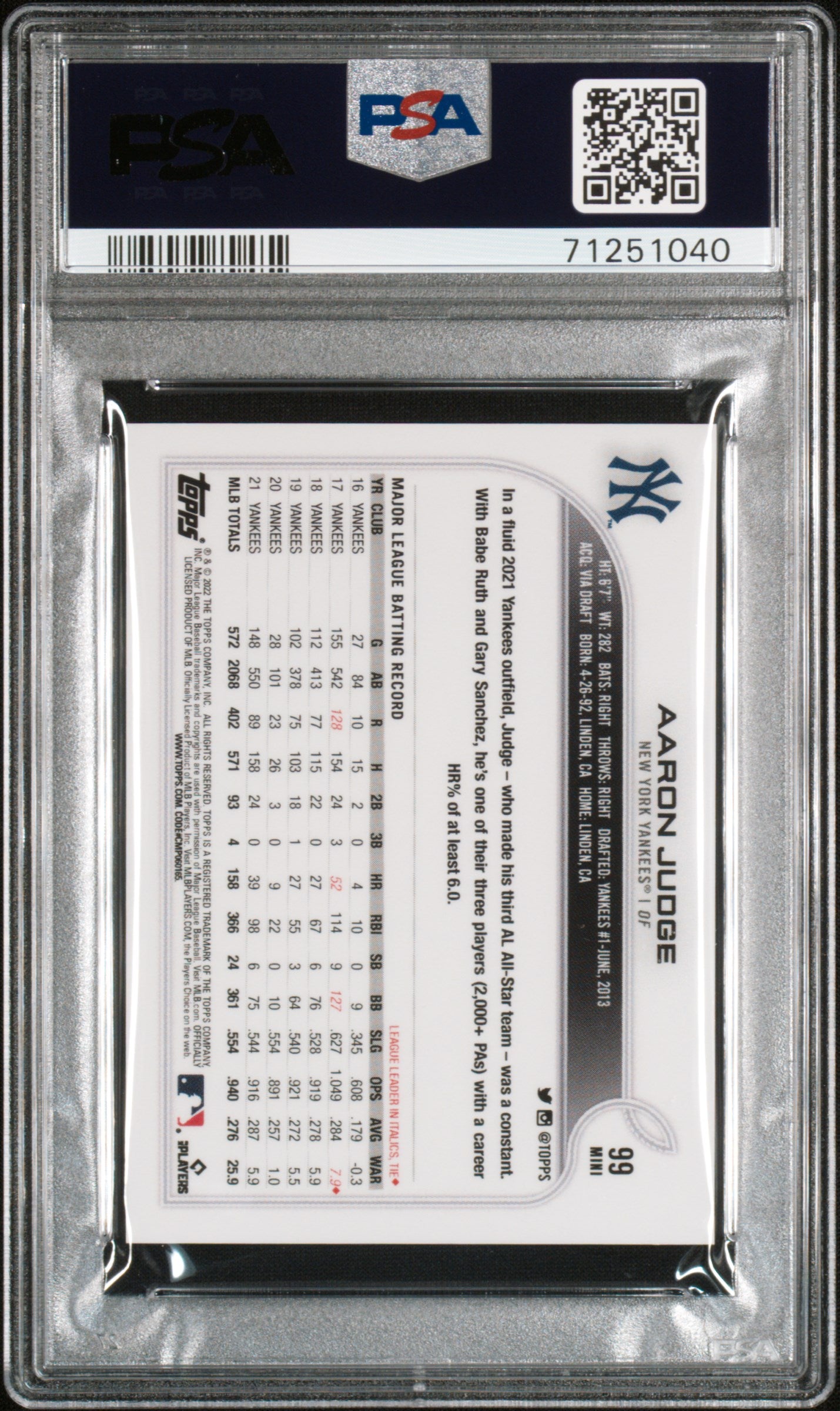 Aaron Judge 2022 Topps Mini #99 SP PSA 10 Gem Mint