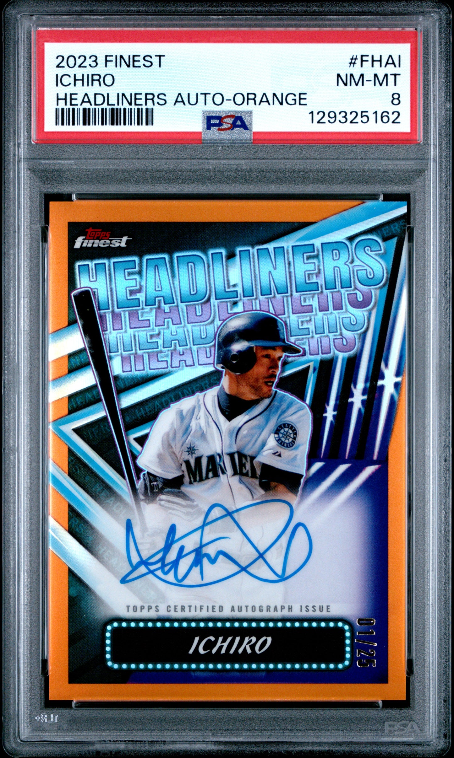 Ichiro 2023 Topps Finest Headliners Orange Refractor Auto #1/25 PSA 8 Nm-Mint