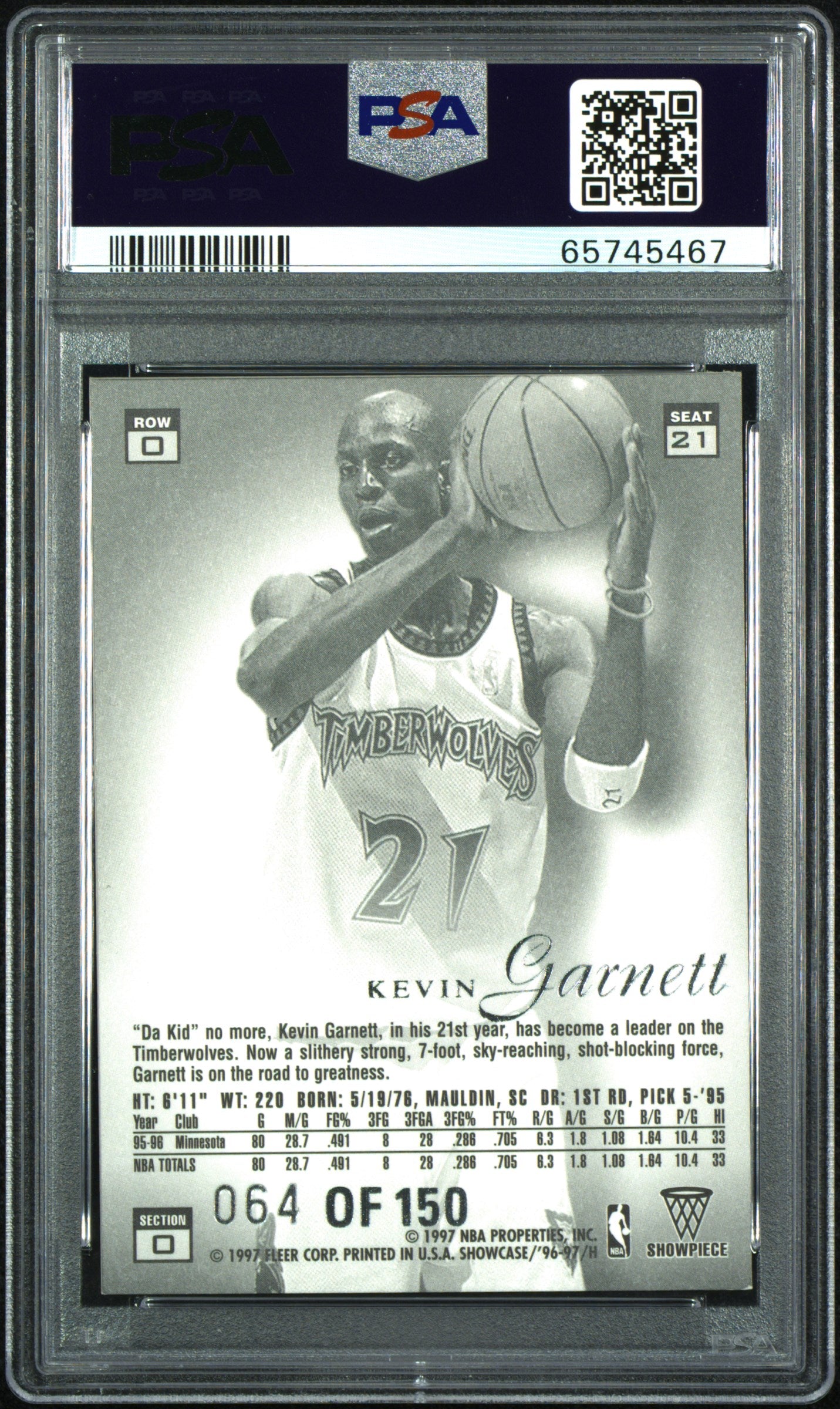 Kevin Garnett 1996 Flair Showcase #21 Legacy Collection #64/150 PSA 8 Nm-Mint