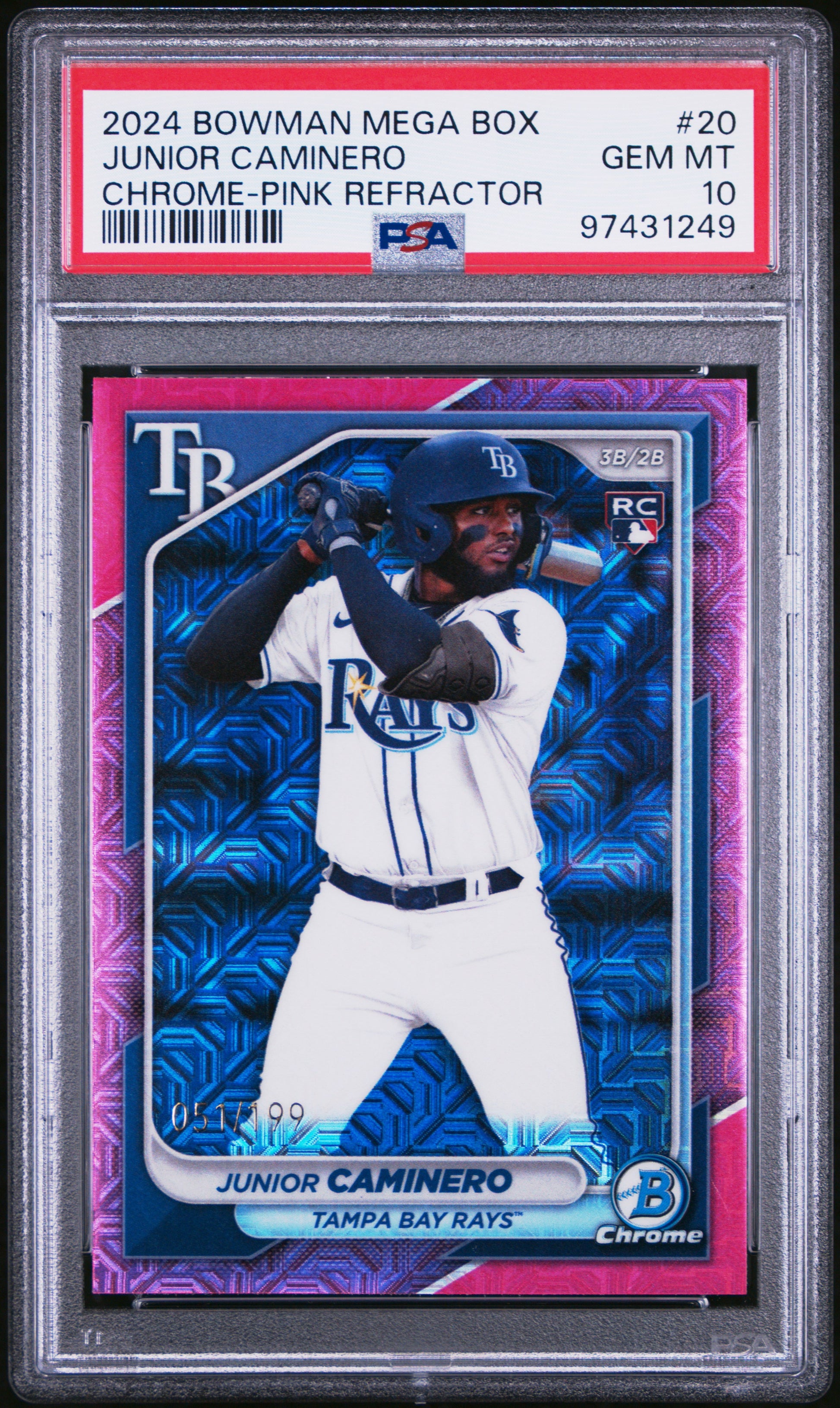 Junior Caminero 2024 Bowman Mega Pink Refractor #51/199 PSA 10 Gem Mint
