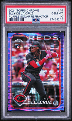 Elly de la Cruz 2024 Topps Chrome Rookie #44 Purple Sonar Refactor #186/275 PSA 10 Gem Mint