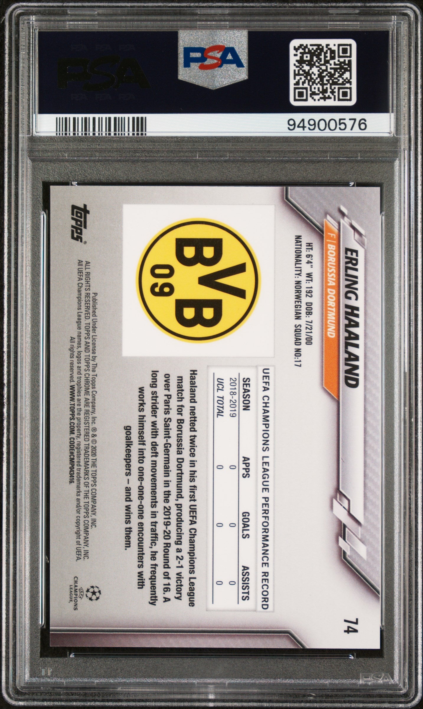 Erling Haaland 2019 Topps Chrome Champions Sapphire #74 PSA 10 Gem Mint