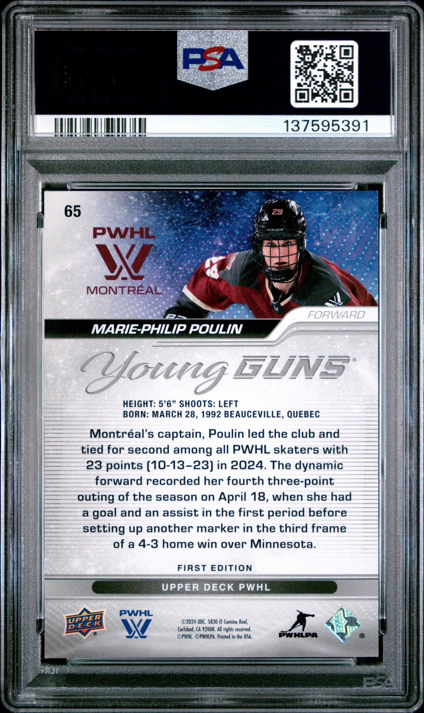 Marie-Philip Poulin 2024 Upper Deck PWHL Rookie Silver Outburst PSA 10 Gem Mint