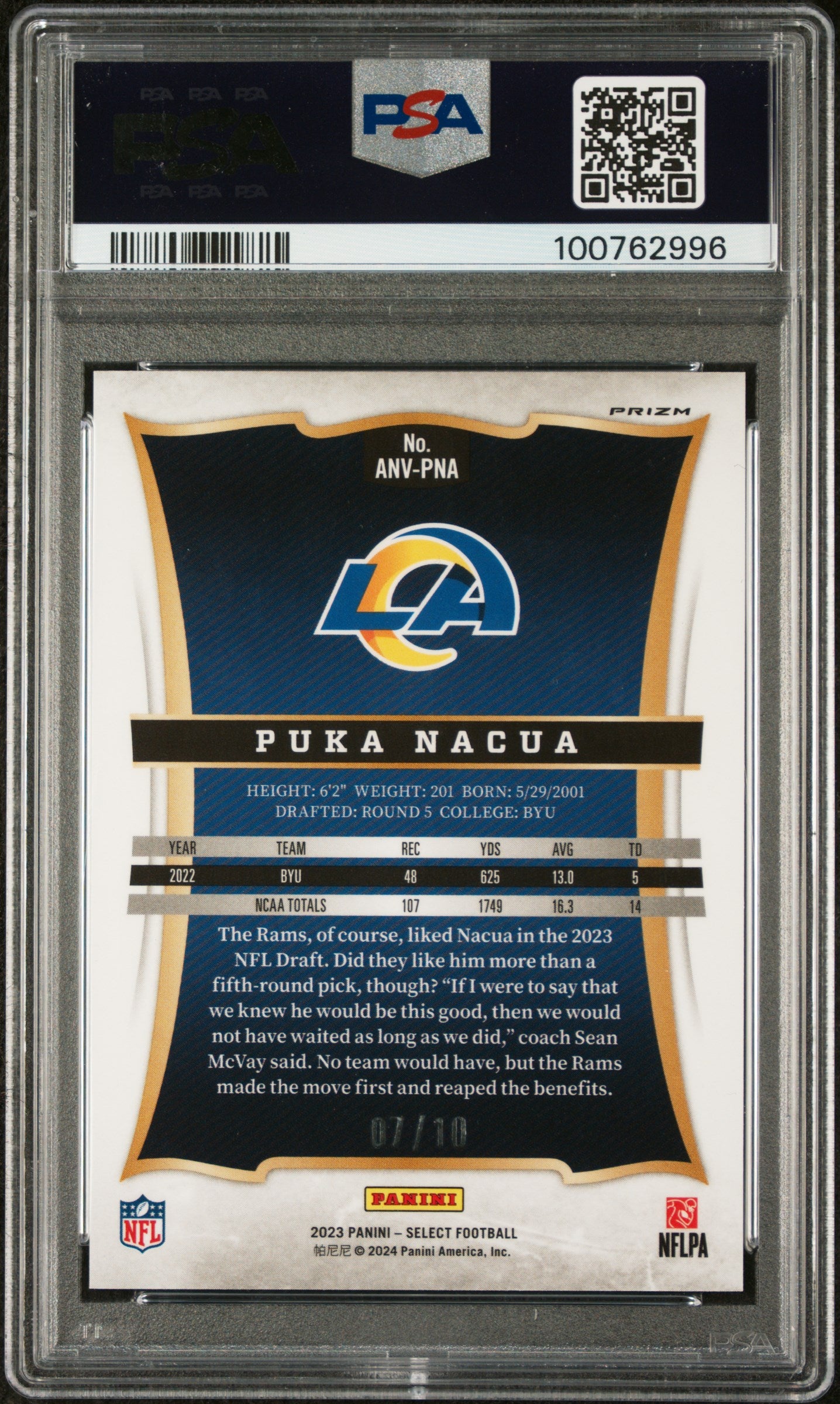Puka Nakua 2023 Panini Select Anniversary Gold Prizm #7/10 PSA 10 Gem Mint