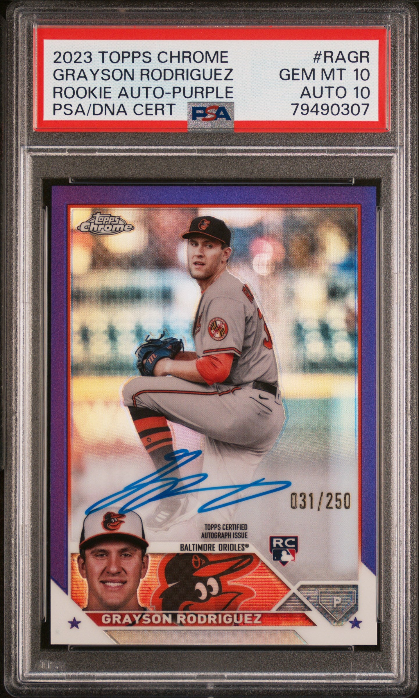 Grayson Rodriguez 2023 Topps Chrome Purple Refracto Auto Rookie #31/250 PSA 10 Auto 10