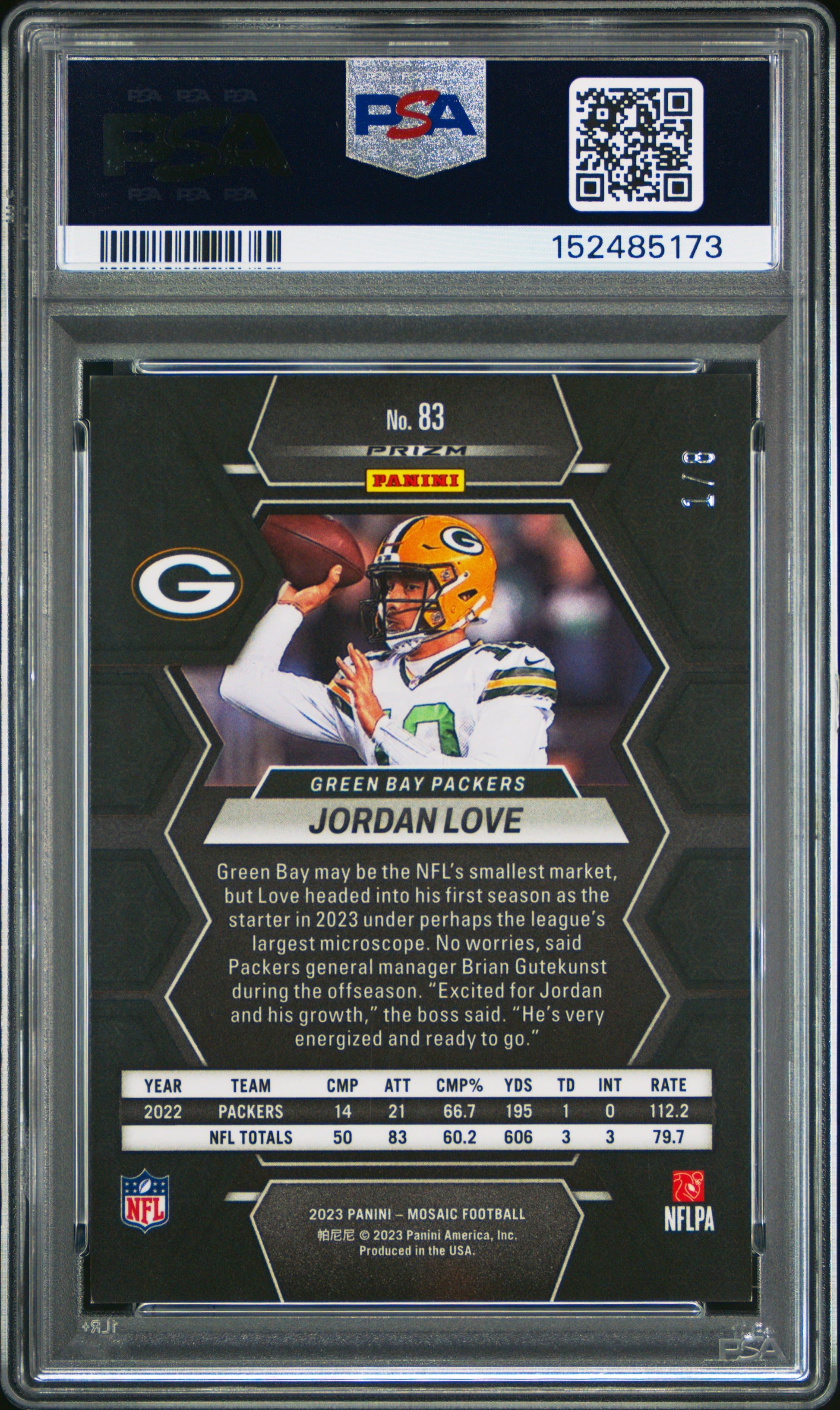 Jordan Love 2023 Panini Mosaic #83 Green Sparkle #1/8 PSA 8 Nm-Mint