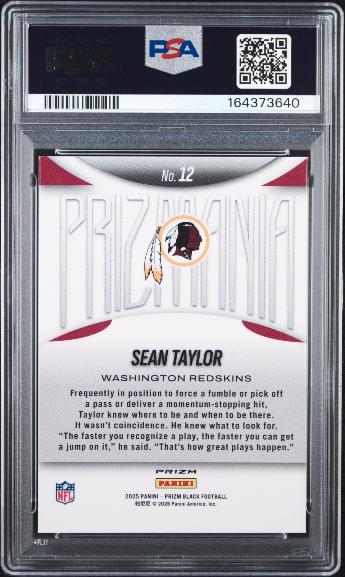 Sean Taylor 2025 Panini Prizm Black Prizmania PSA 9 Mint