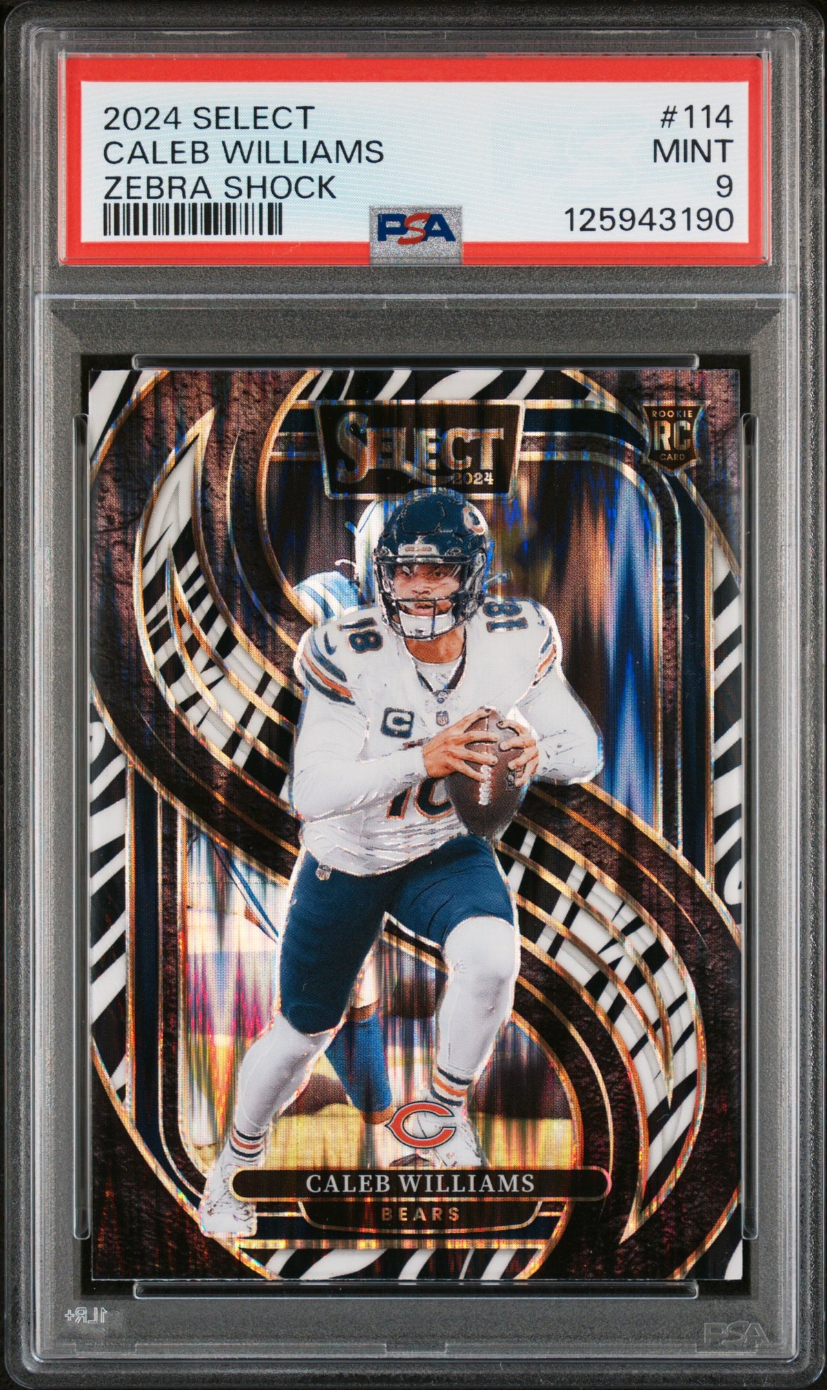 Zebra Select Rookie Caleb Williams 2024 Panini Select Rookie #114 Zebra Shock PSA 9 Mint ...