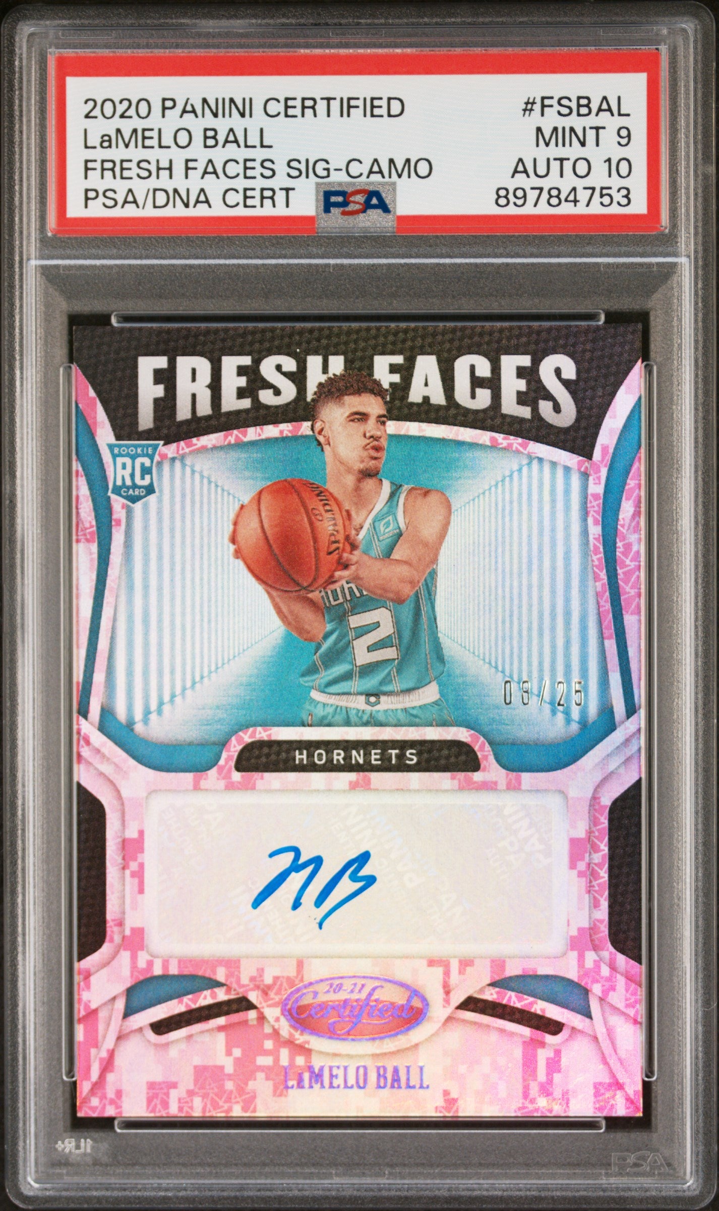 LaMelo Ball 2020 Panini Certified Fresh Faces Camo Auto #8/25 PSA 9 Auto 10