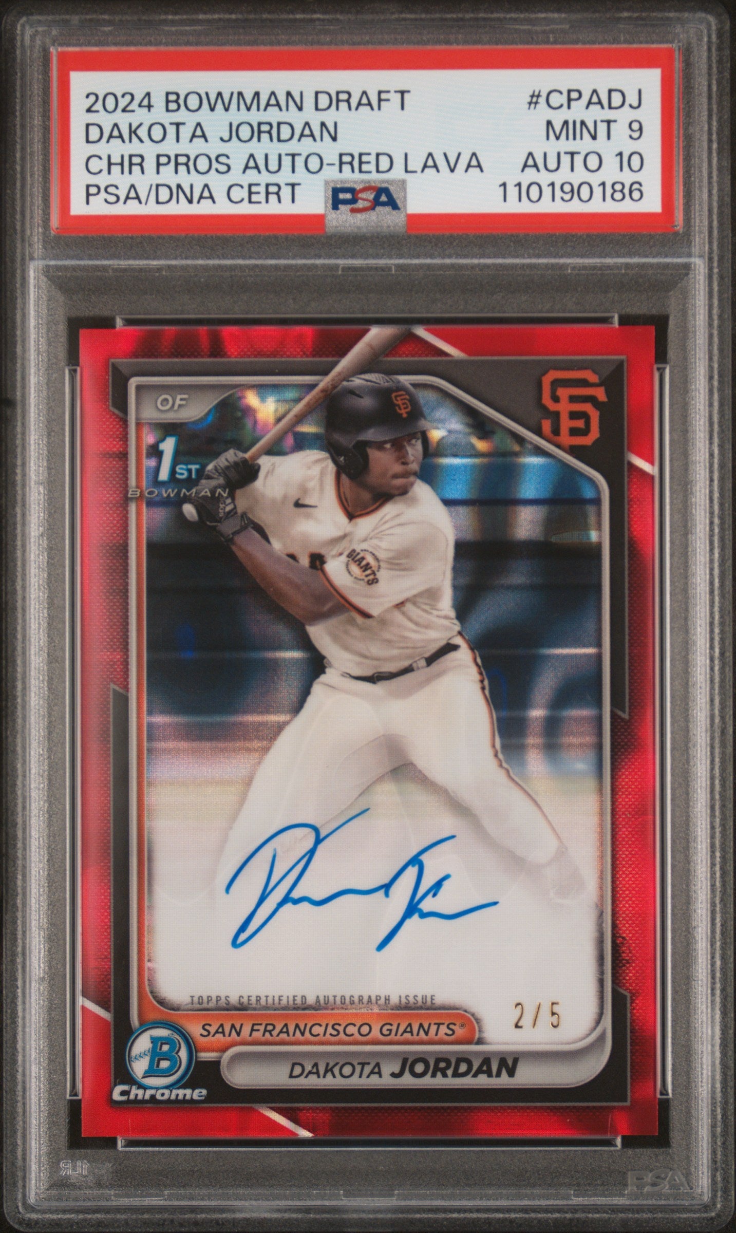 Dakota Jordan 2024 Bowman Draft Red Lava Auto #2/5 PSA 9 Auto 10