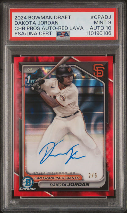 Dakota Jordan 2024 Bowman Draft Red Lava Auto #2/5 PSA 9 Auto 10