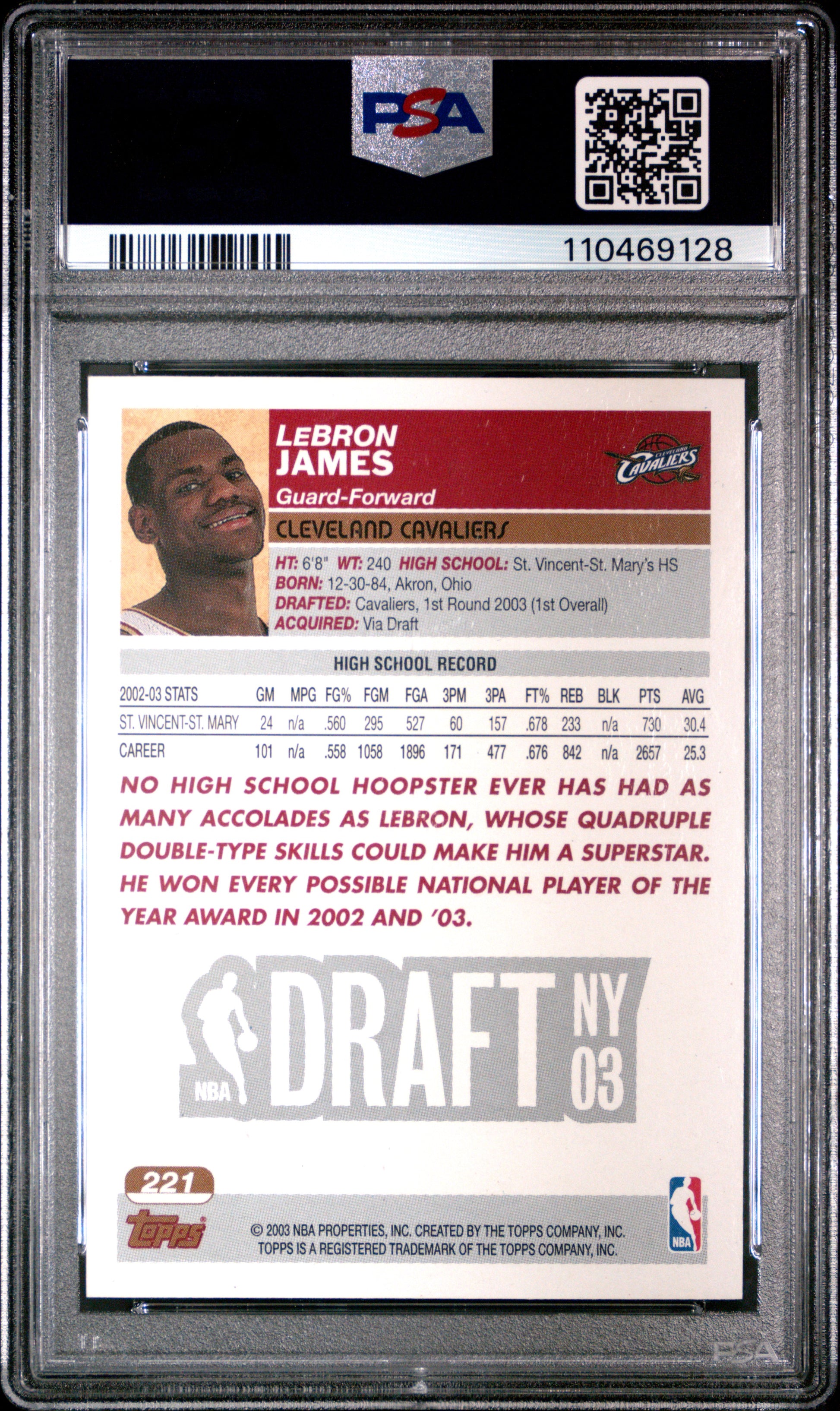LeBron James 2003 Topps Rookie #221 PSA 5 EX 9128