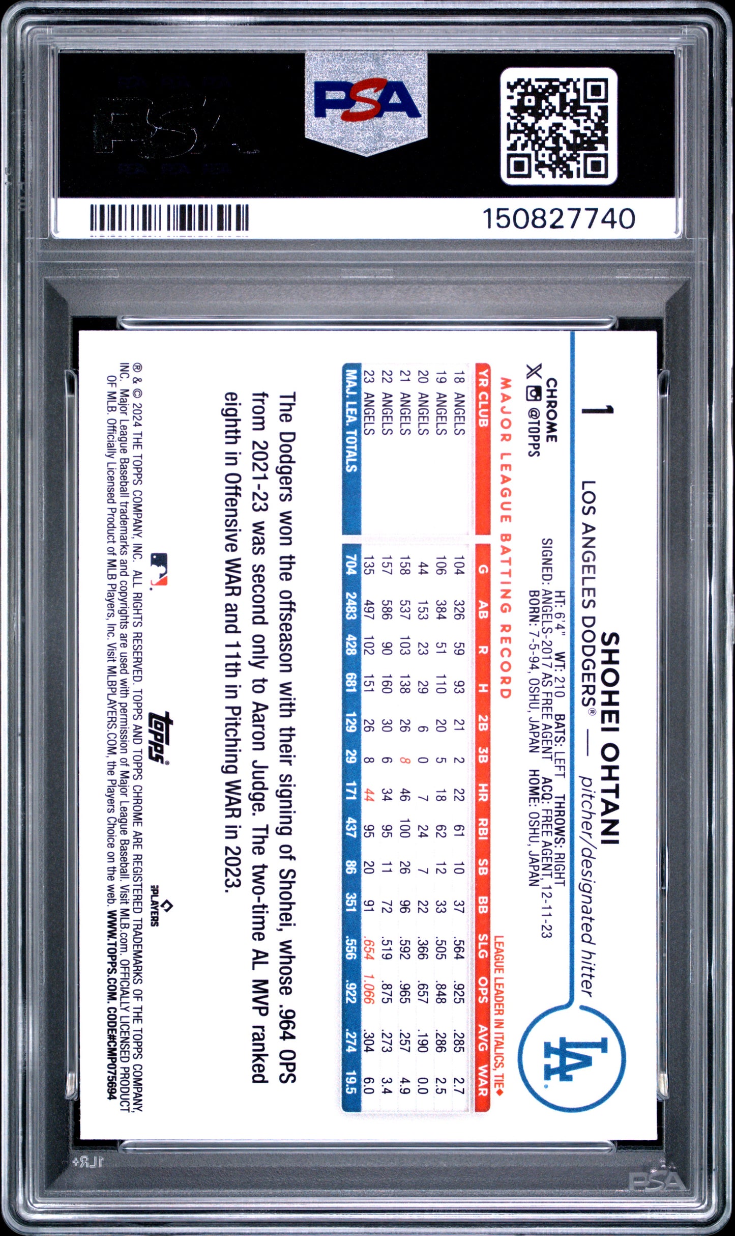 Shohei Ohtani 2024 Topps Chrome Purple Sonar Refractor #79/275 PSA 9 Mint