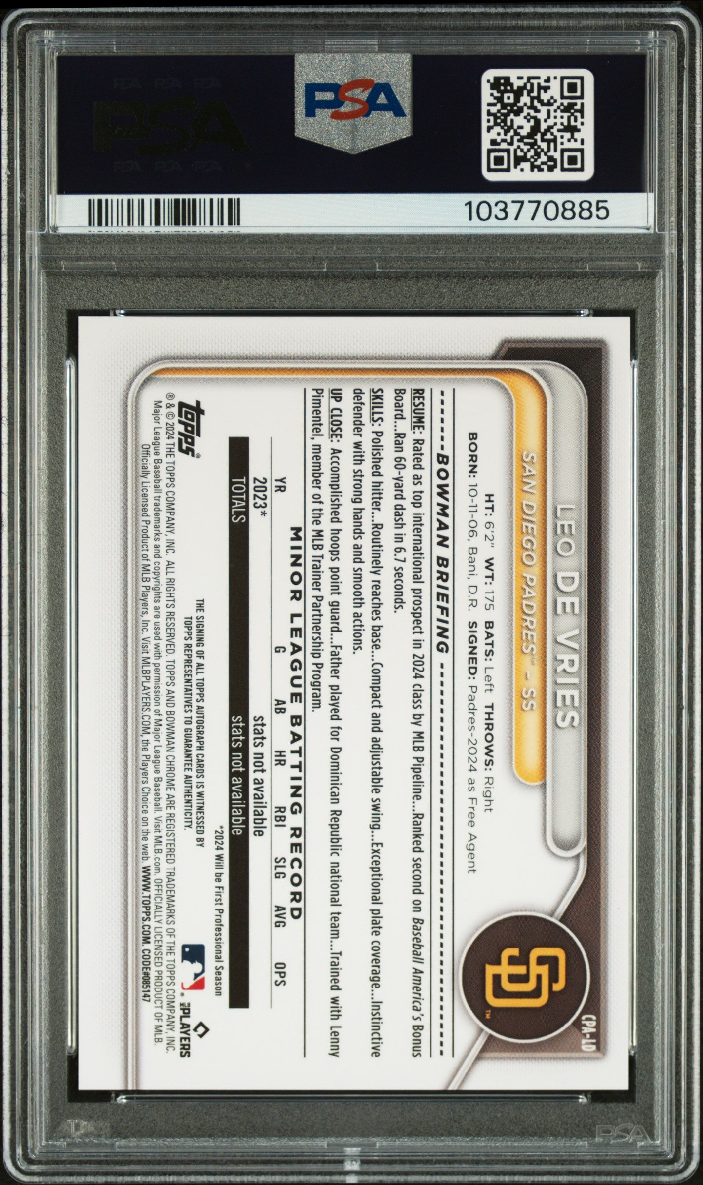 Leo de Vries 2024 Bowman Chrome Auto PSA 10 Gem Mint 0885