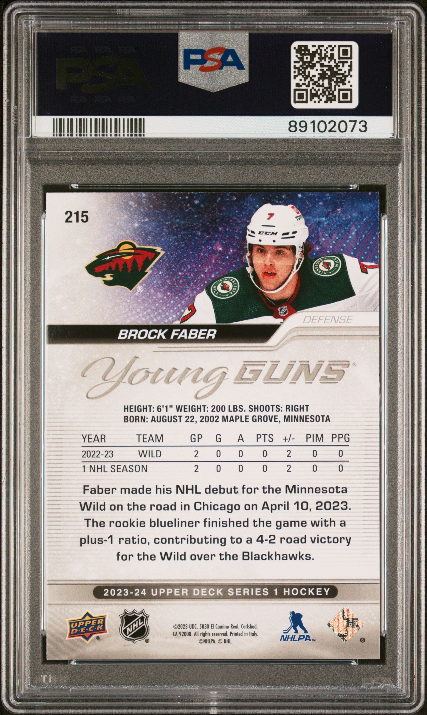 Brock Faber 2023 Upper Deck RC #215 PSA 10 Gem Mint 2073