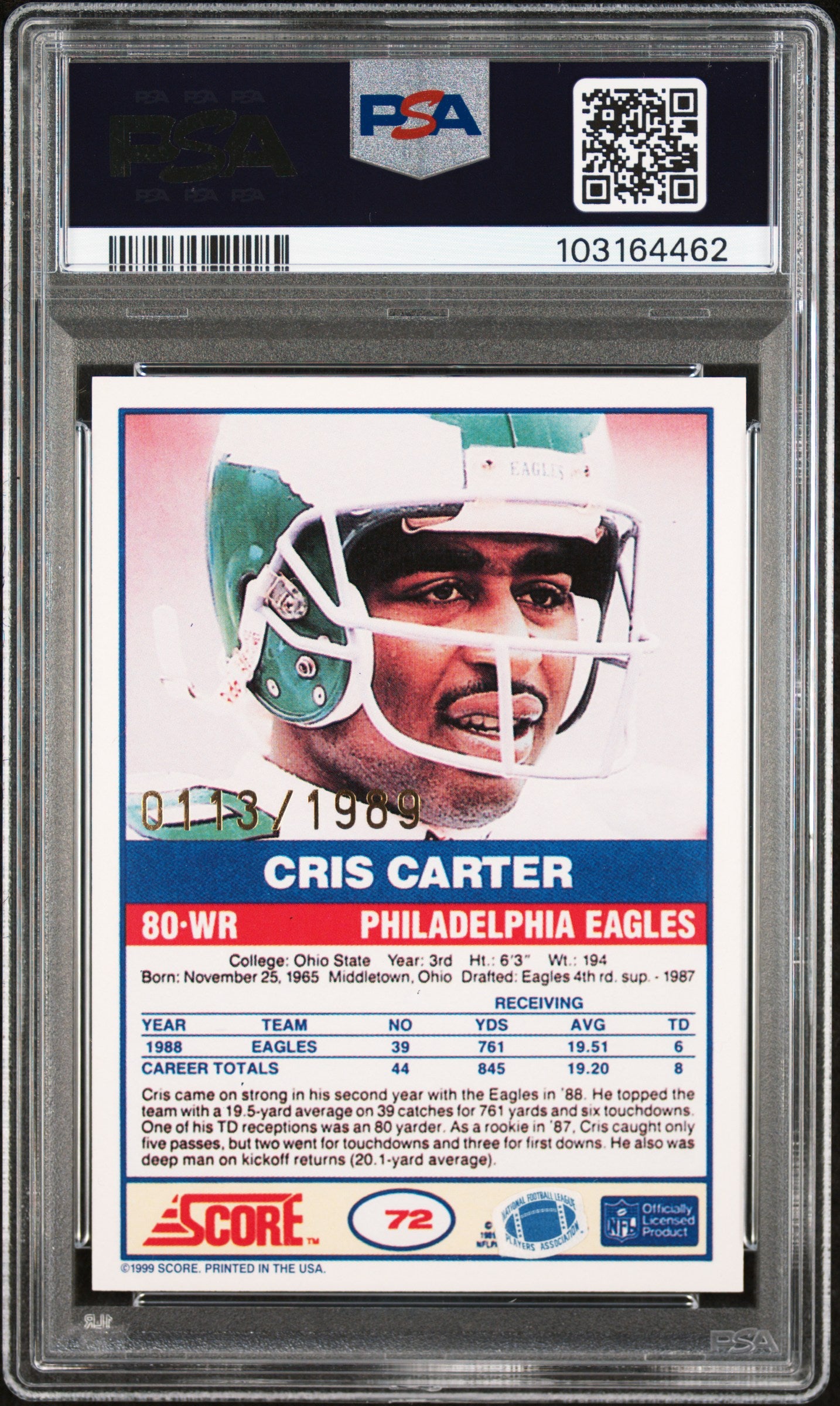 Cris Carter 1999 Score 10th Anniversary Auto #113/1989 PSA 7 Near Mint