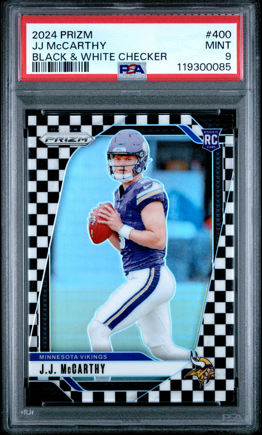 JJ McCarthy 2024 Panini Prizm Rookie #400 Black and White Checker PSA 9 Mint