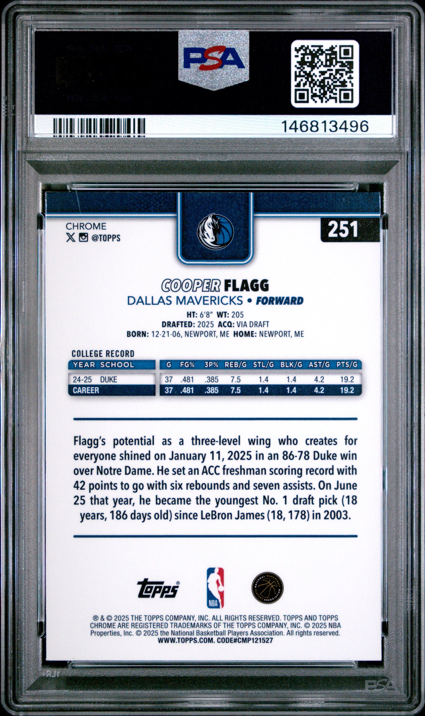Cooper Flagg 2025 Topps Chrome X-Fractor Rookie #251 PSA 9 Mint 3496