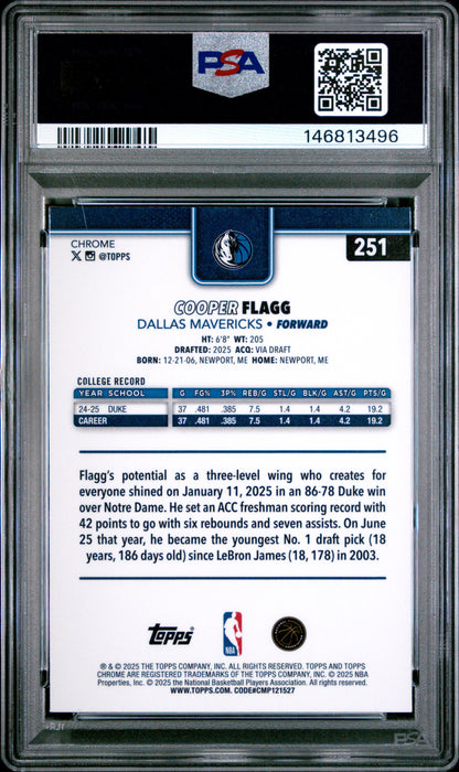Cooper Flagg 2025 Topps Chrome X-Fractor Rookie #251 PSA 9 Mint 3496