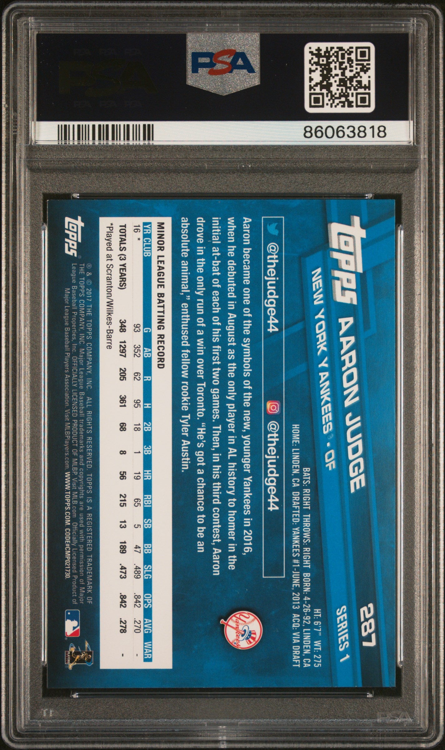 Aaron Judge 2017 Topps Rookie #287 PSA 10 Gem Mint 3818