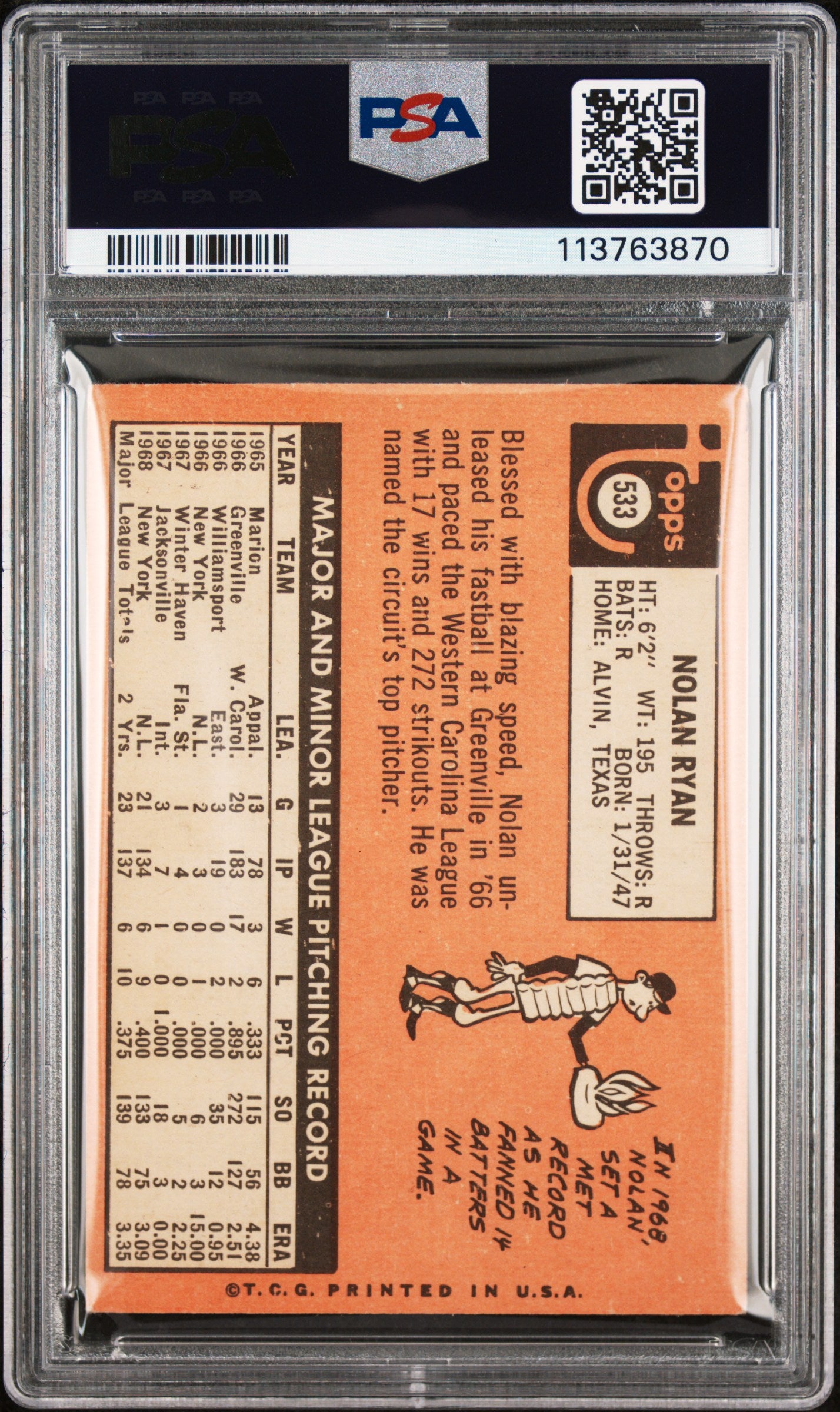 Nolan Ryan 1969 Topps #533 PSA 3 Very Good 3870
