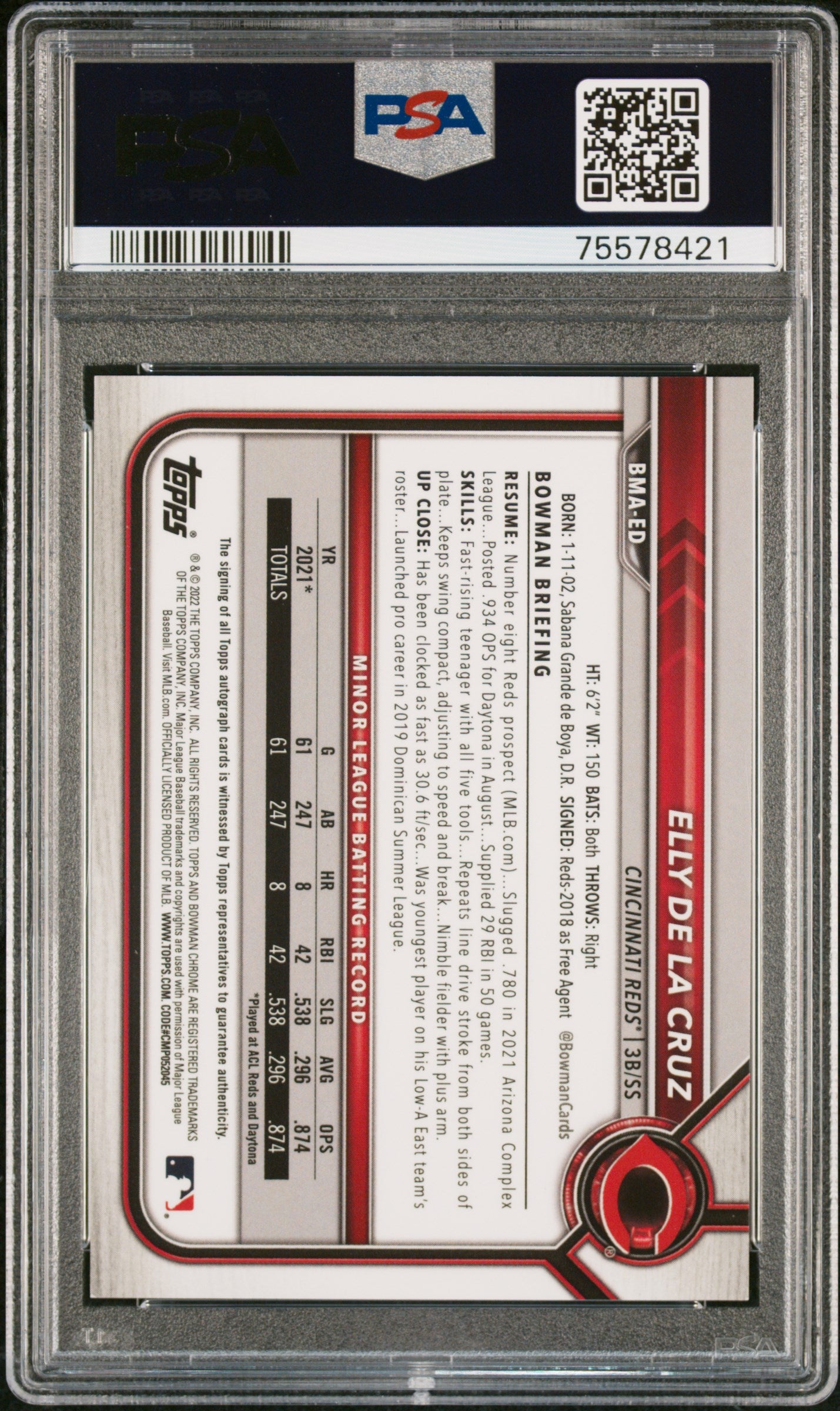 Elly de la Cruz 2022 Bowman Chrome Mega Box Auto PSA 10 Gem Mint 8421