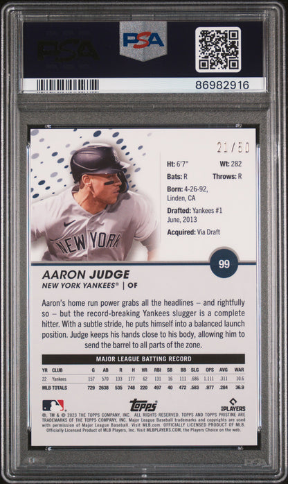 Aaron Judge 2023 Topps Pristine Gold Refractor #21/50 PSA 10 Gem Mint
