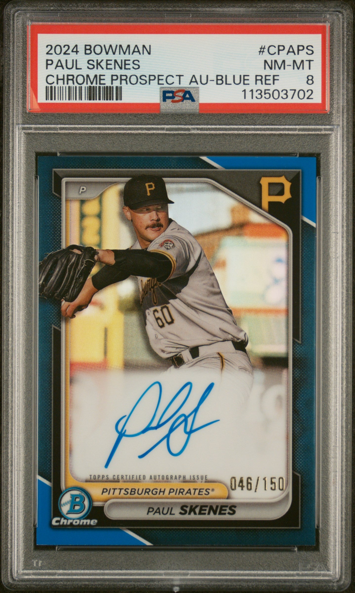 Paul Skenes 2024 Bowman Chrome Blue Refractor Auto #46/150 PSA 8 Nm-Mint