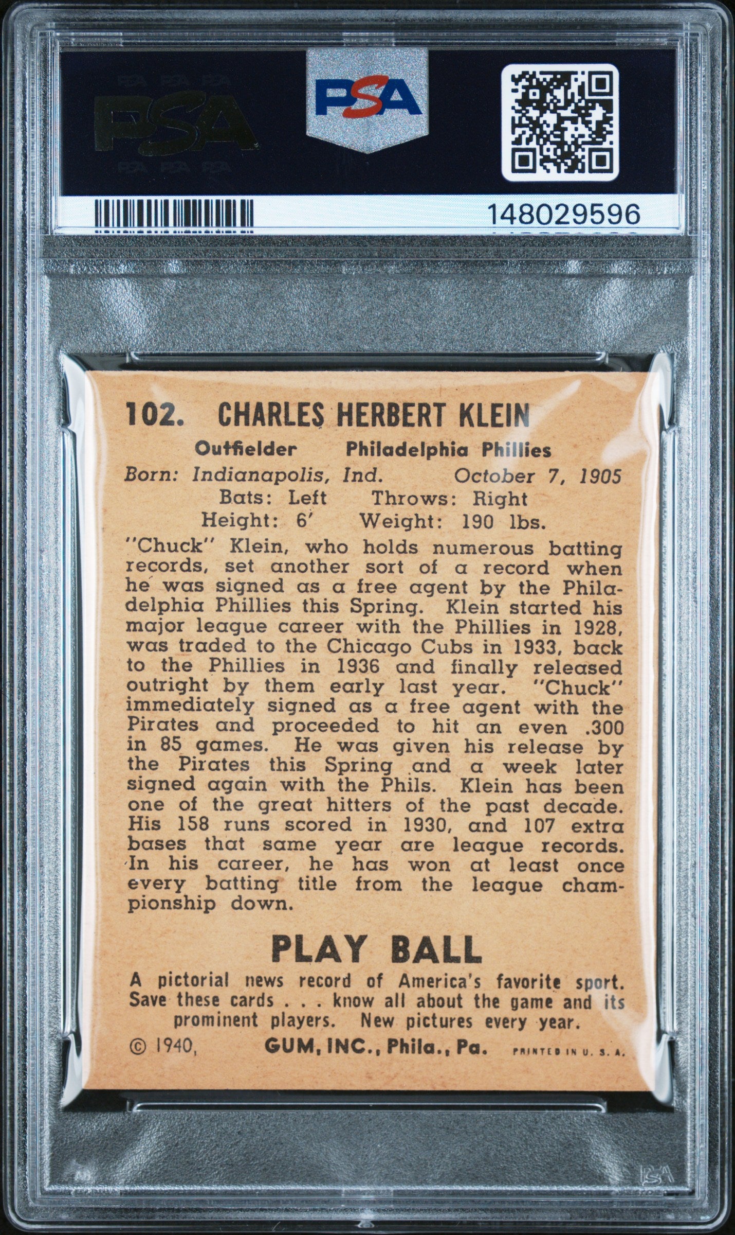 Chuck Klein 1940 Play Ball #102 PSA 5 Ex