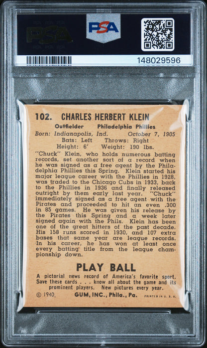 Chuck Klein 1940 Play Ball #102 PSA 5 Ex