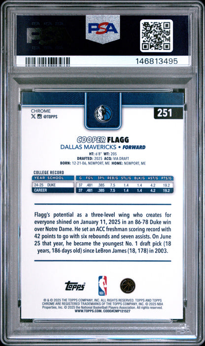 Cooper Flagg 2025 Topps Chrome Rookie #251 PSA 10 Gem Mint 3495