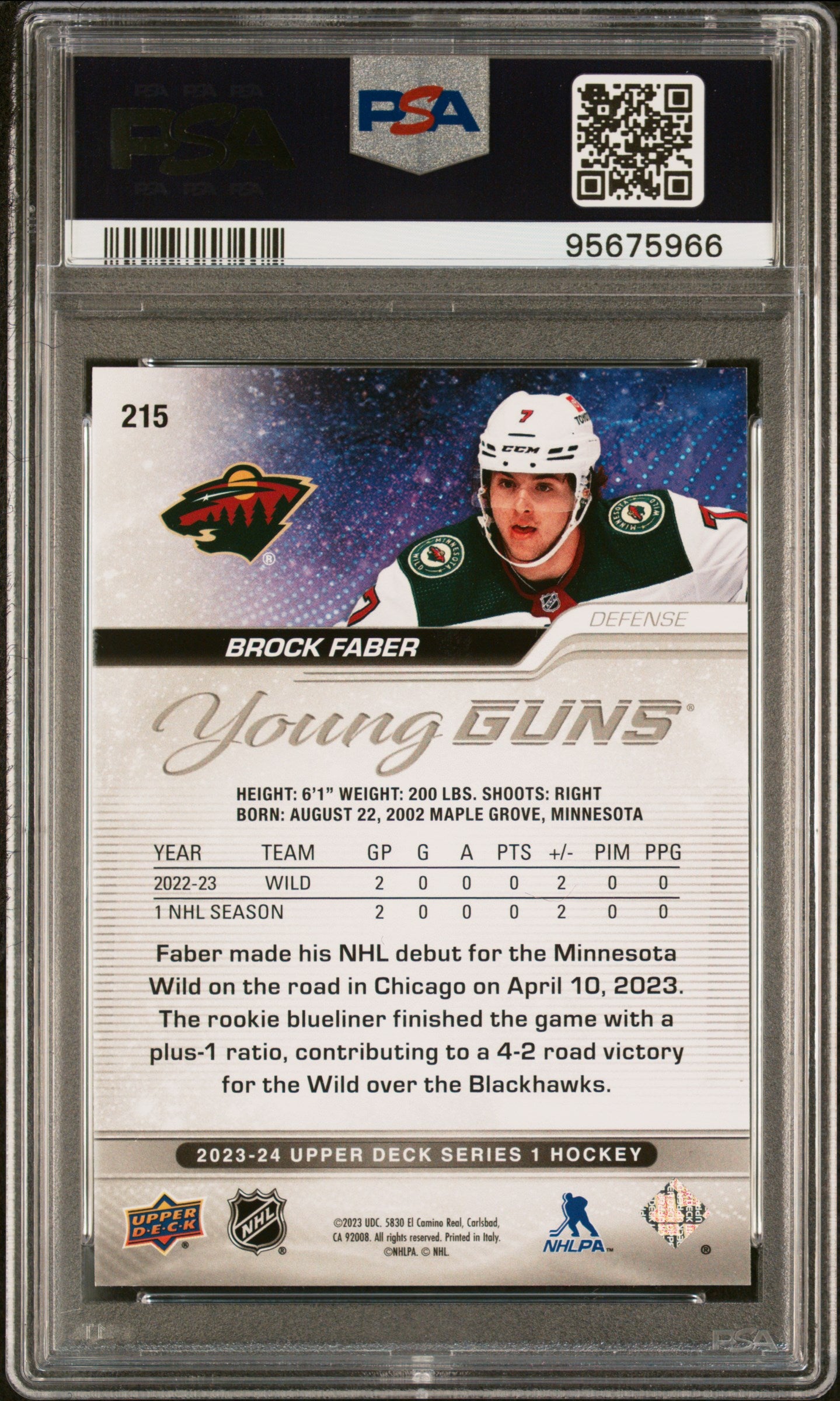 Brock Faber 2023 Upper Deck Rookie #215 Silver Outburst PSA 10 Gem Mint 5966