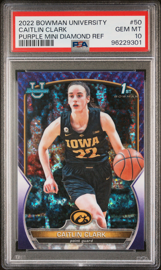 Caitlin Clark 2022 Bowman University Chrome Purple Mini Diamond #245/399 PSA 10 Gem Mint