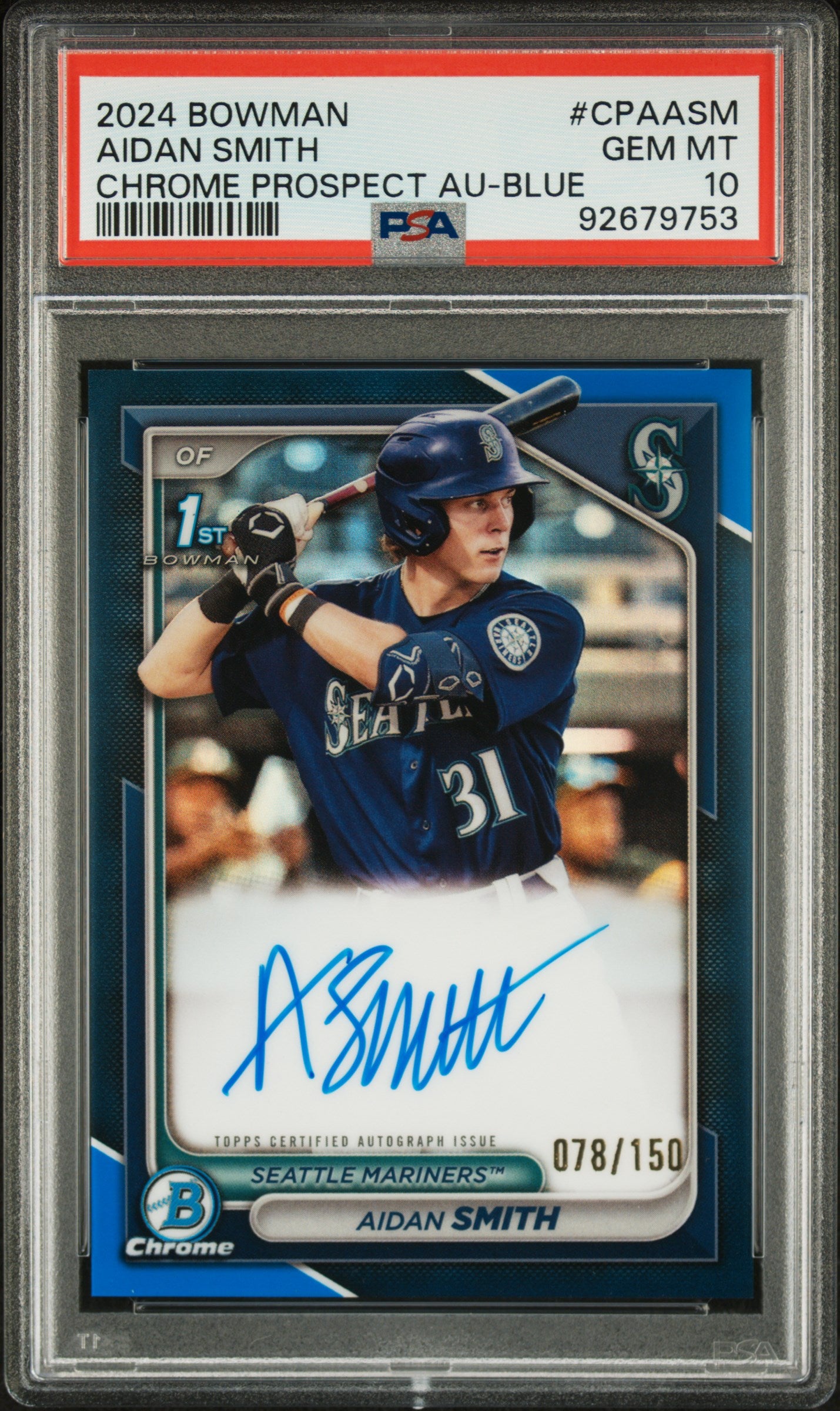 Aidan Smith 2024 Bowman Chrome Blue Refractor Auto #78/150 PSA 10 Gem Mint