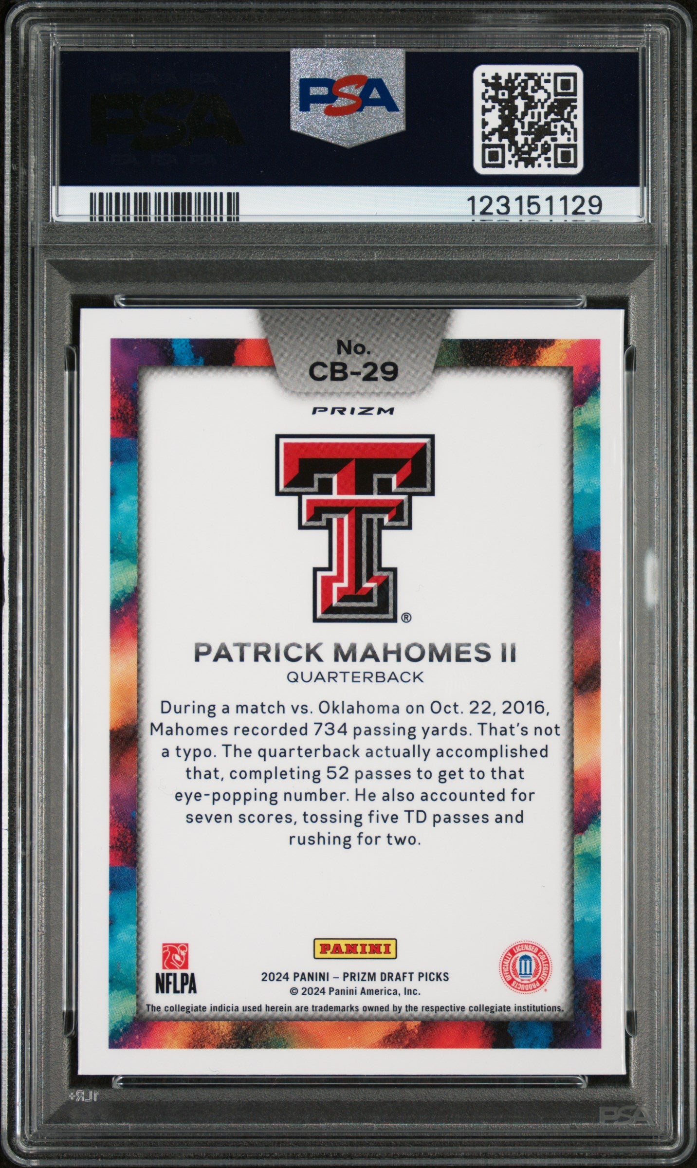 Patrick Mahomes 2024 Panini Prizm Draft Black Color Blast PSA 9 Mint