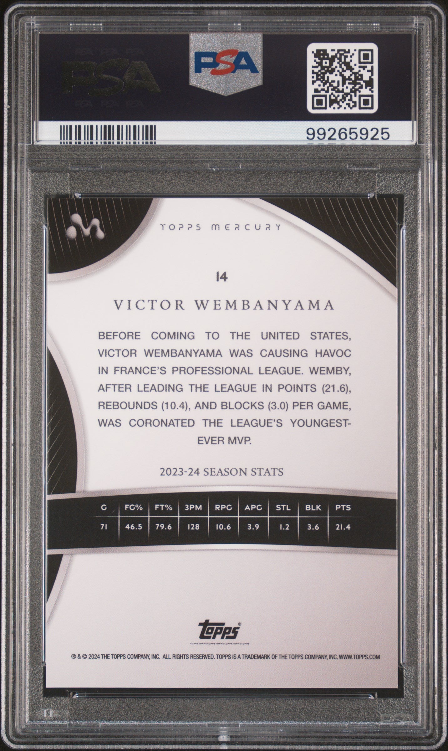 Victor Wembanyama 2023 Topps Mercury #14 Alien Face Refractor #4/5 PSA 10 Gem Mint
