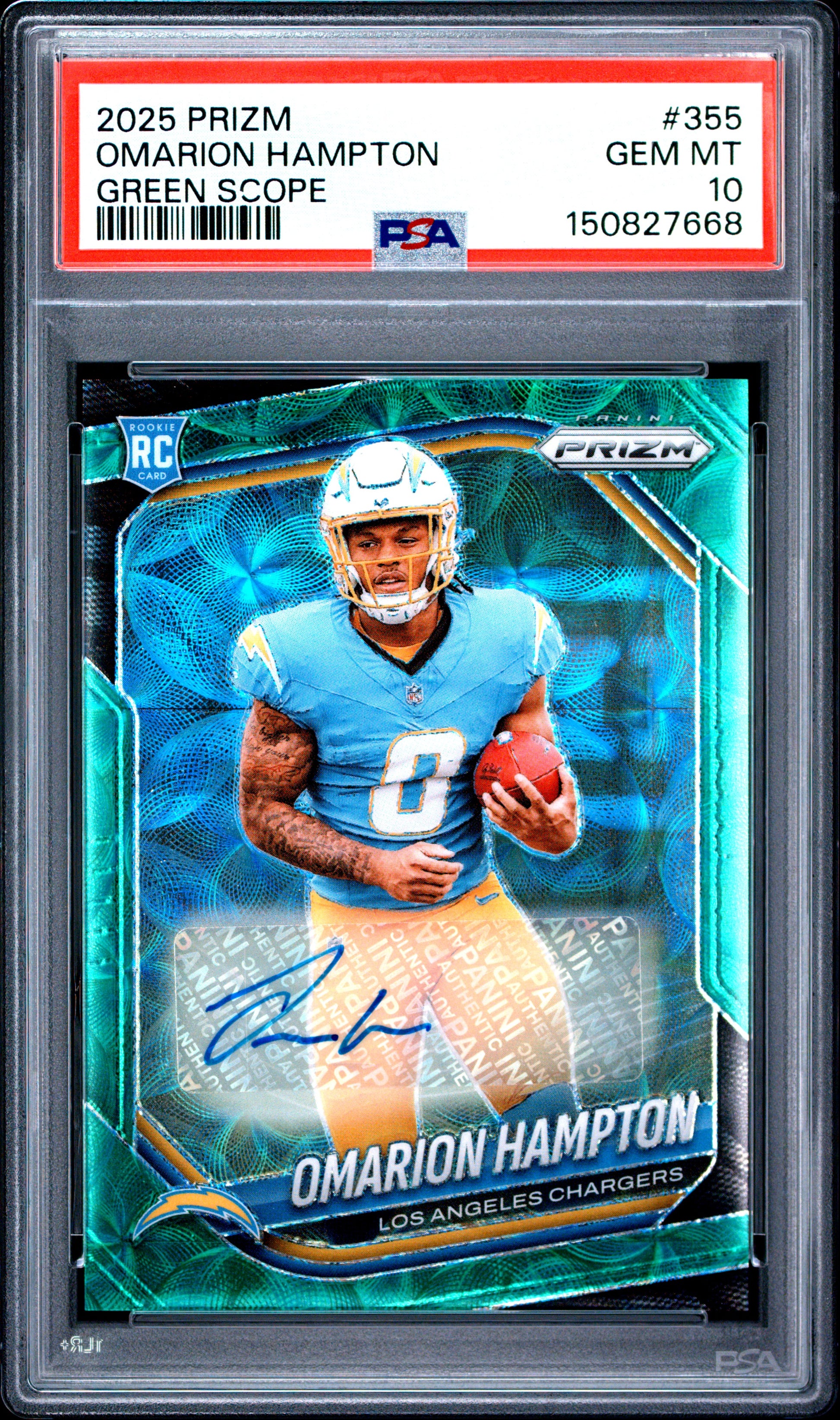 Omarion Hampton 2025 Panini Prizm Green Scope Rookie Auto #37/75 PSA 10 Gem Mint