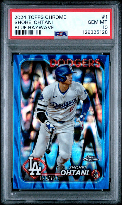 Shohei Ohtani 2024 Topps Chrome #1 Blue Raywave Refractor #122/150 PSA 10 Gem Mint