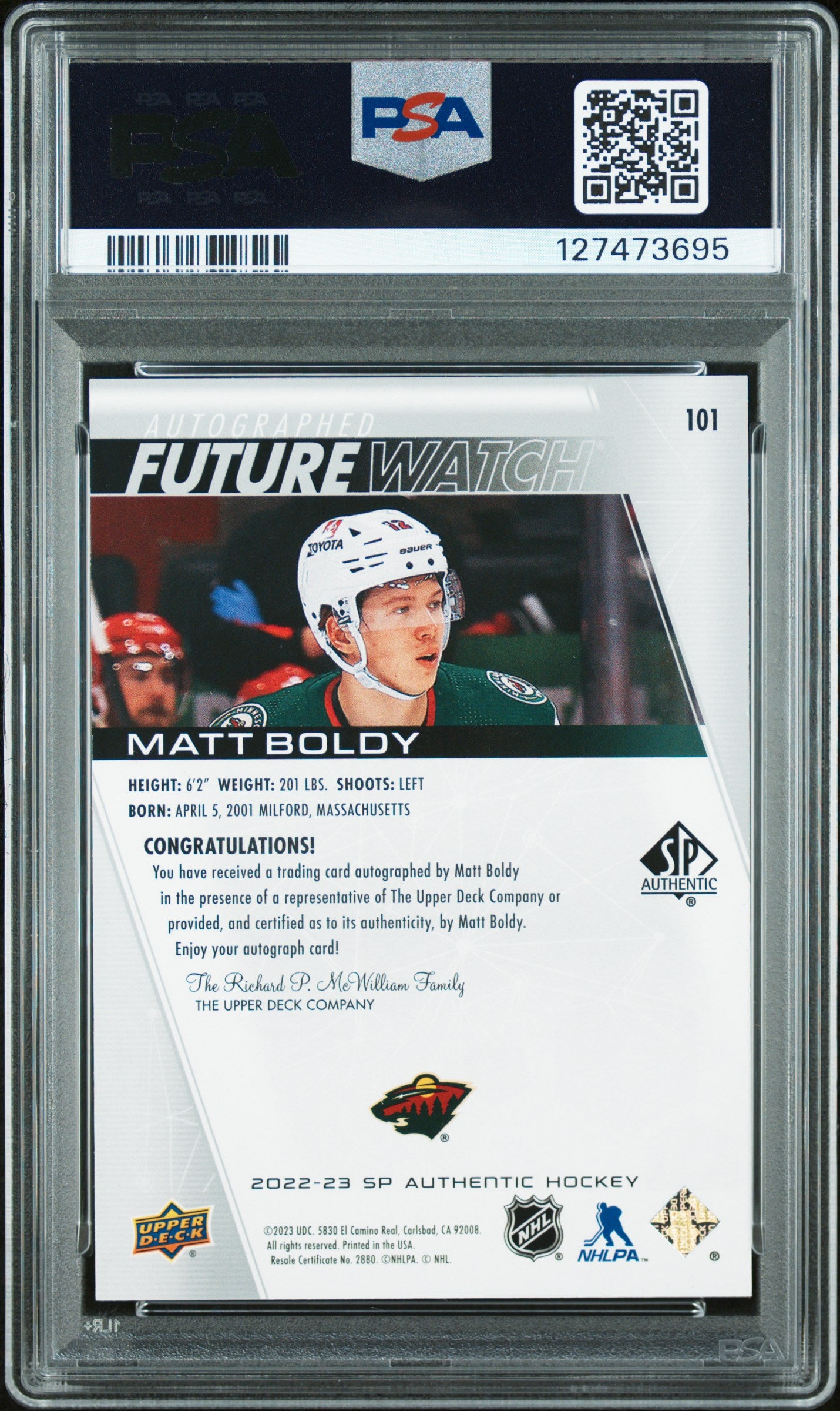 Matt Boldy 2022 SP Authentic Future Watch Rookie Auto #346/999 PSA 9 Auto 10