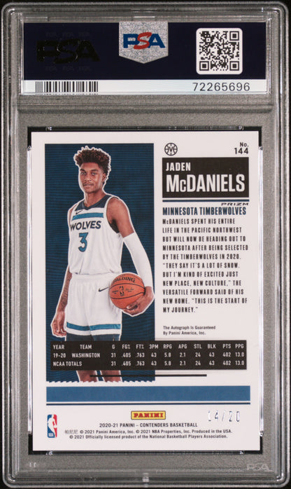 Jaden McDaniels 2020 Contenders Blue Shimmer Auto #14/20 PSA 10 Gem Mint