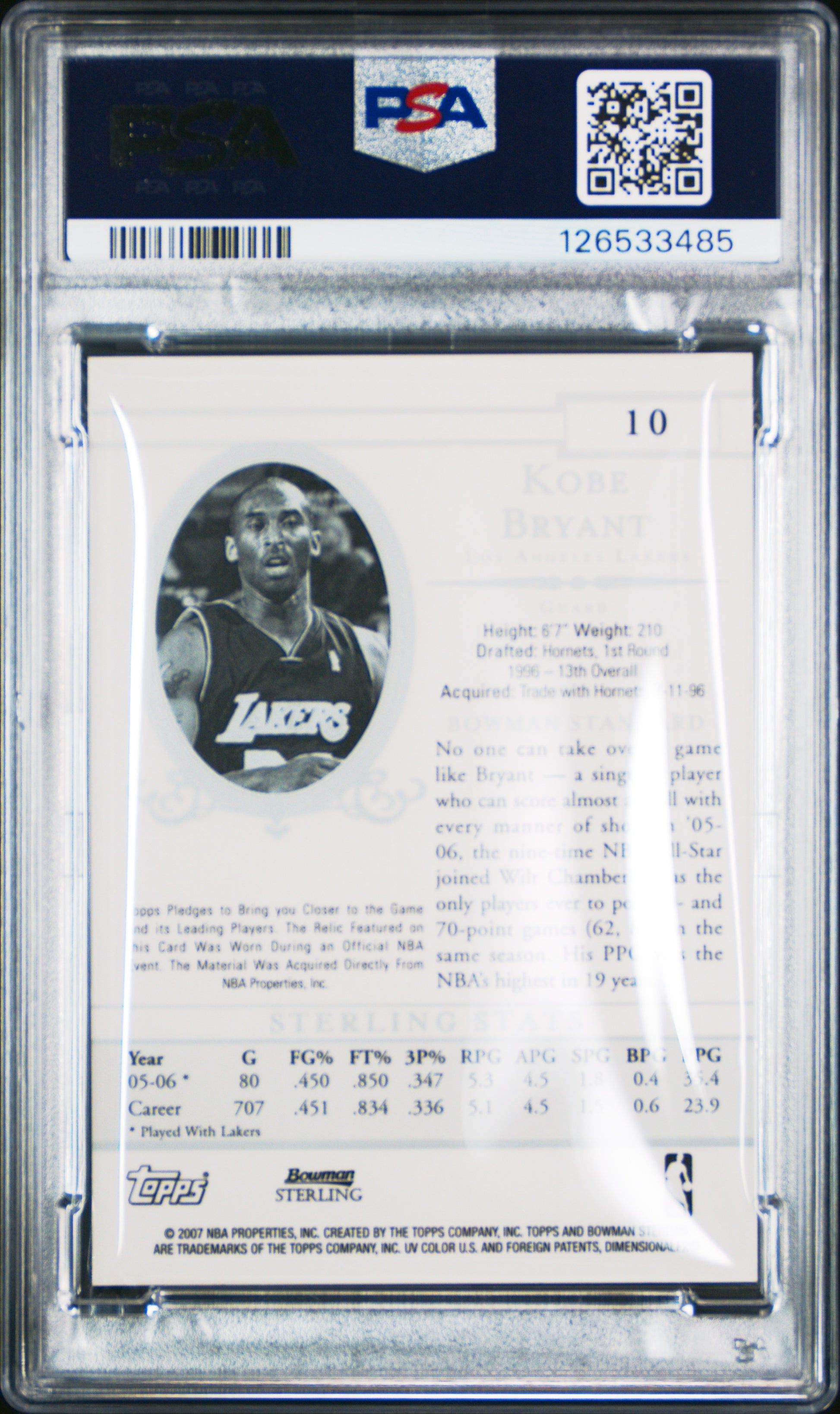 Kobe Bryant 2006 Bowman Sterling Game-Worn Jersey PSA 10 Gem Mint