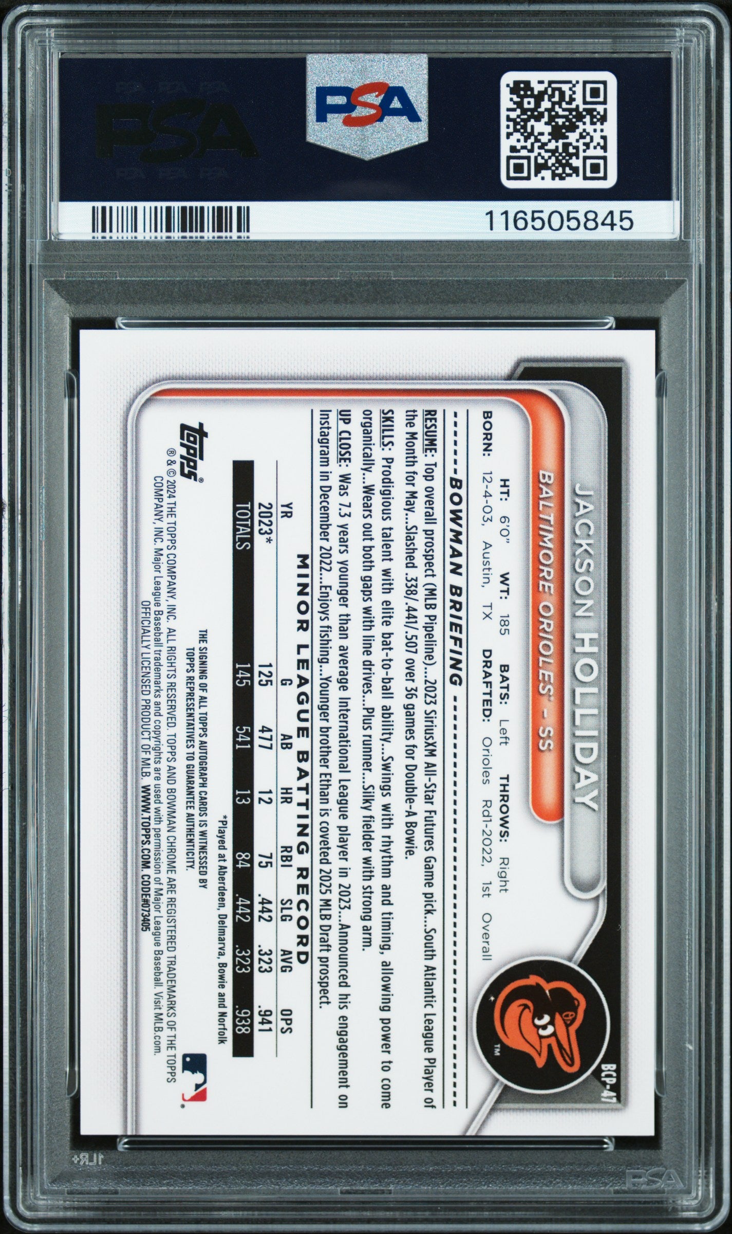 Jackson Holliday 2024 Bowman Chrome Mega Box SP Auto #20/25 PSA 9 Auto 10