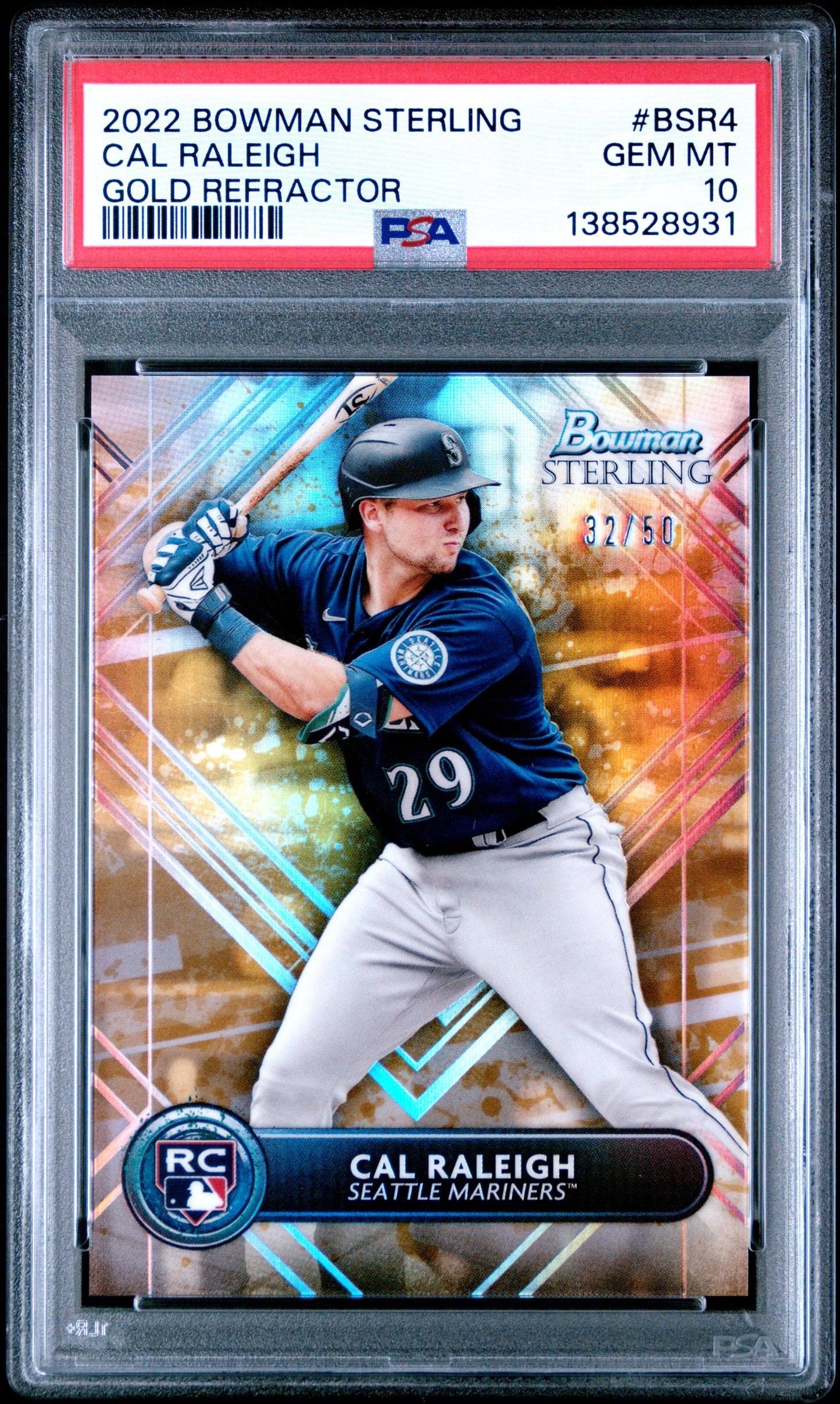 Cal Raleigh 2022 Bowman Sterling Gold Refractor #32/50 PSA 10 Gem Mint